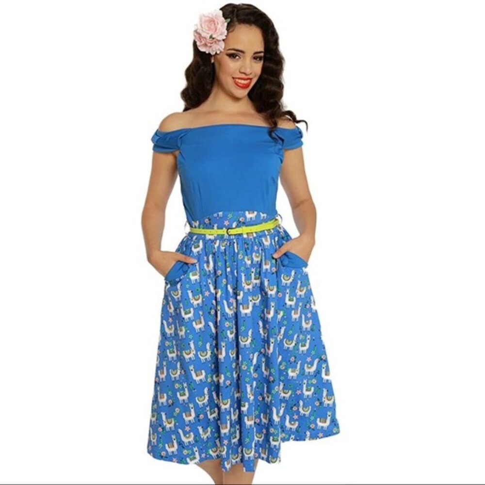 RARE LINDY BOP Blue Llama Print Carla Dress Novelty Retro Travel US 12 GUC